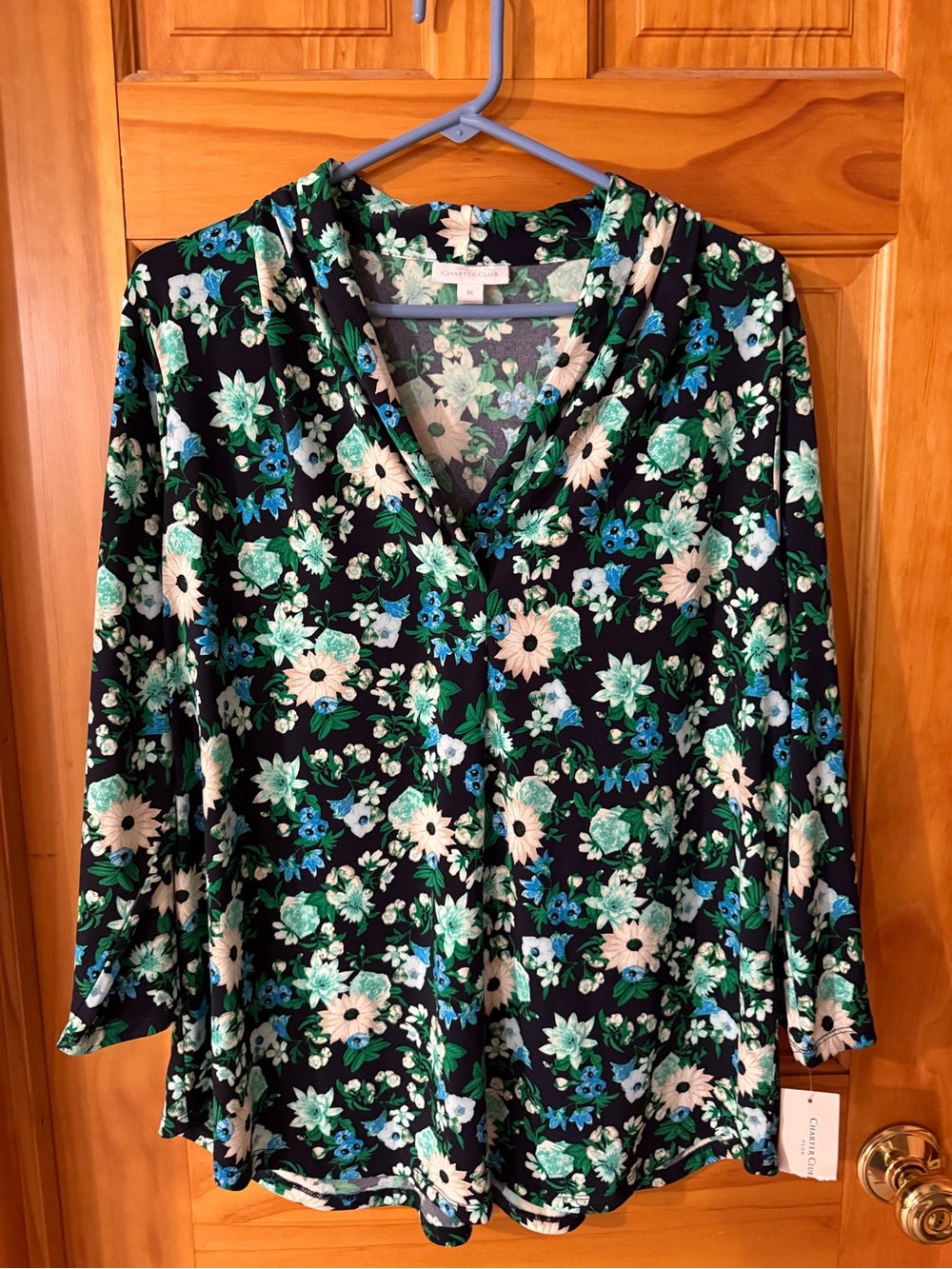 Charter Club Plus Floral V-Neck Top - Black with Green & Teal Flow